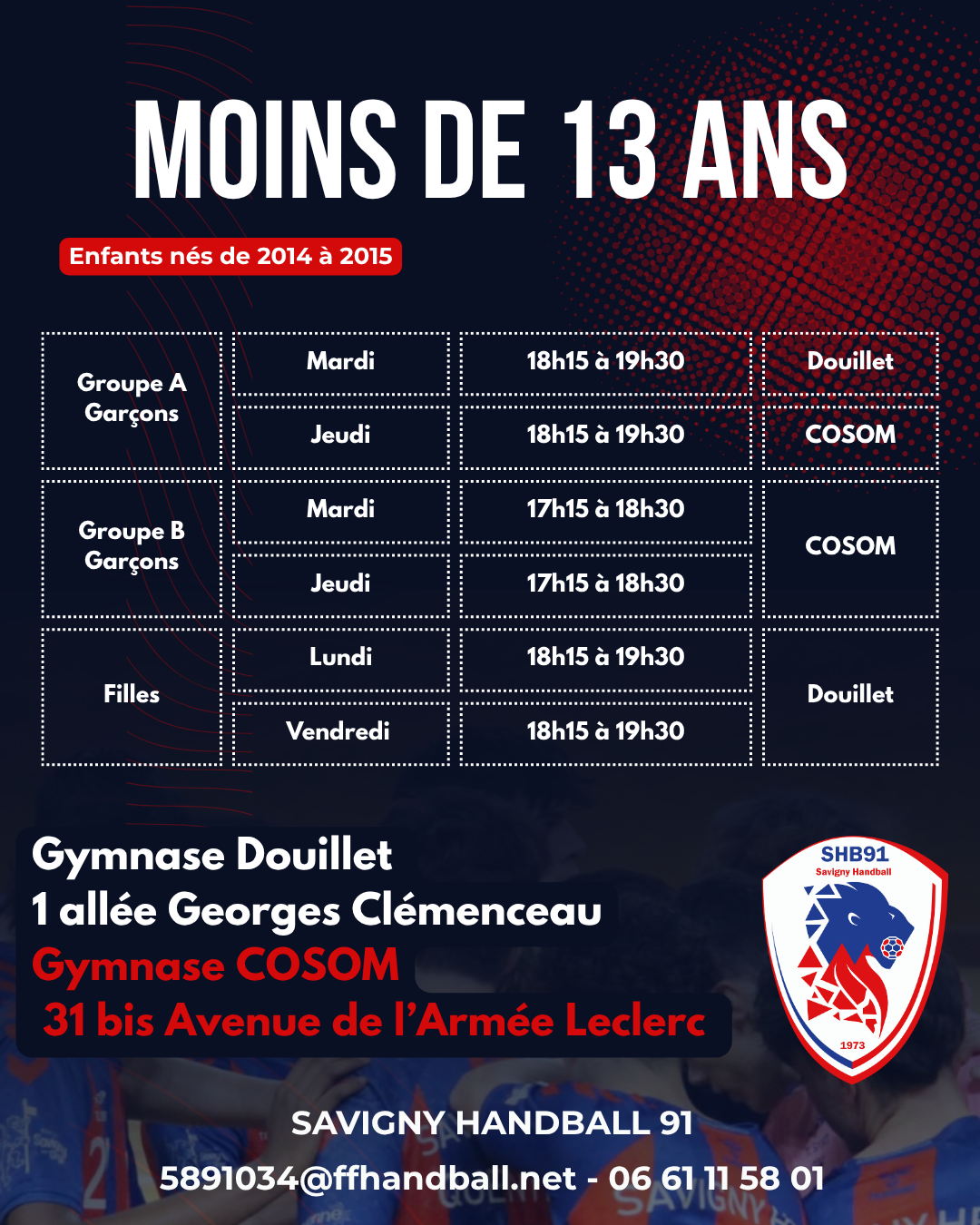 CRÉNEAUX D'ENTRAÎNEMENT MOINS DE 13 ANS