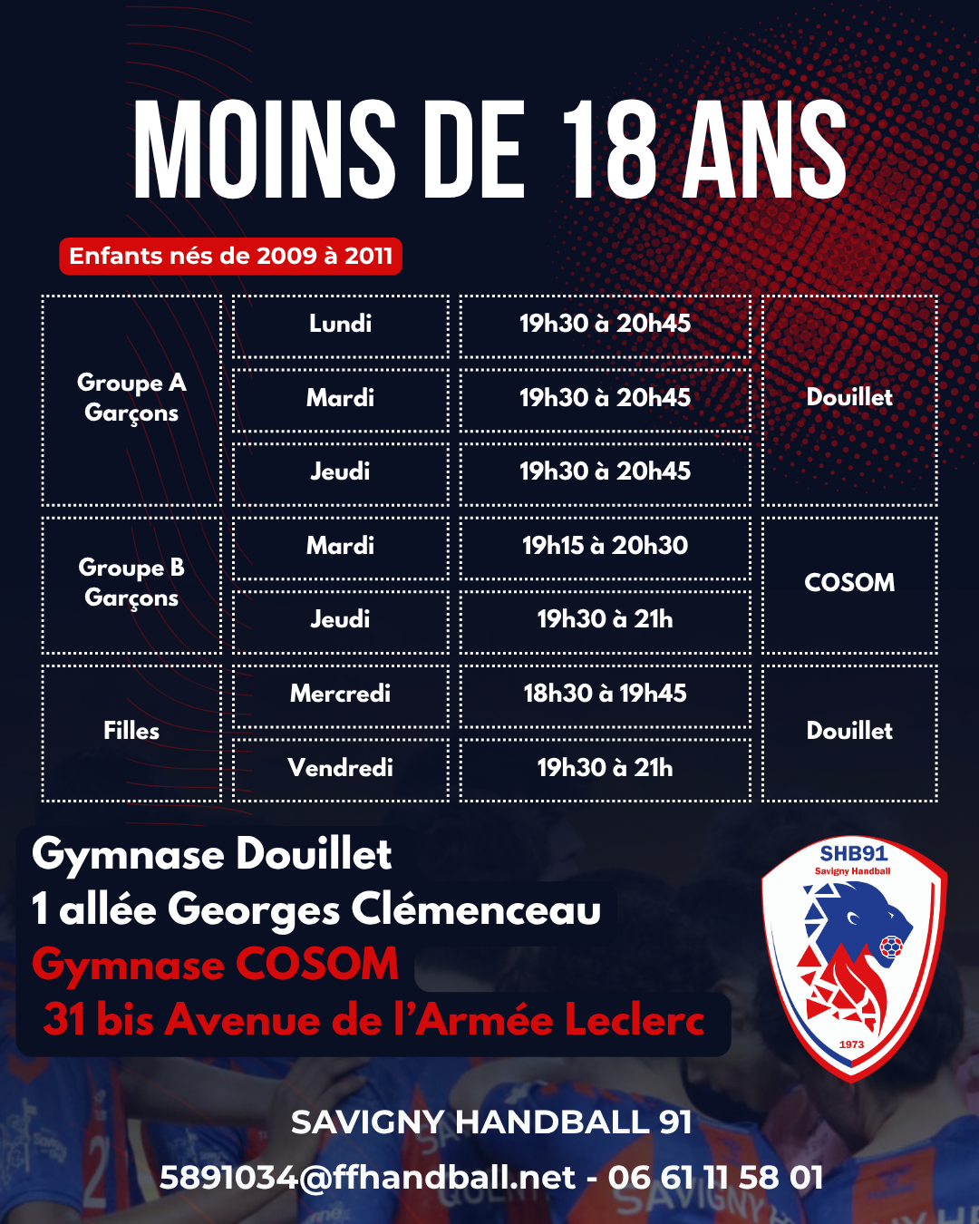 CRÉNEAUX D'ENTRAÎNEMENT MOINS DE 18 ANS